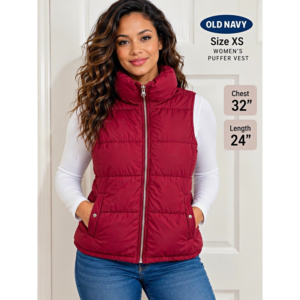 Old Navy Women's Red Quilted Puffer Vest Full Zip Pockets Collared XS